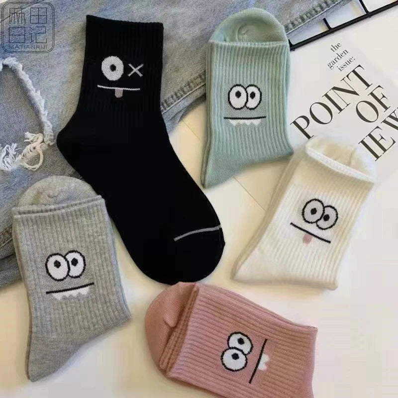 5 Pairs Cute Expression Print Socks – Comfy Funny Mid-Calf Crew Socks, All-Match Women’s Cotton Rich Casual Socks
