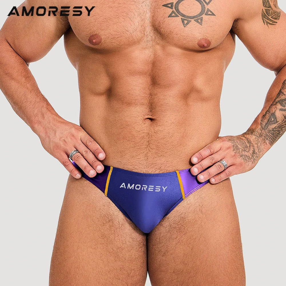 AMORESY Men Spandex Swimming Trunks Matching Color, Low Waist Sexy Sports Long Tight Oily, Comfortable Silk Briefs, Briefs