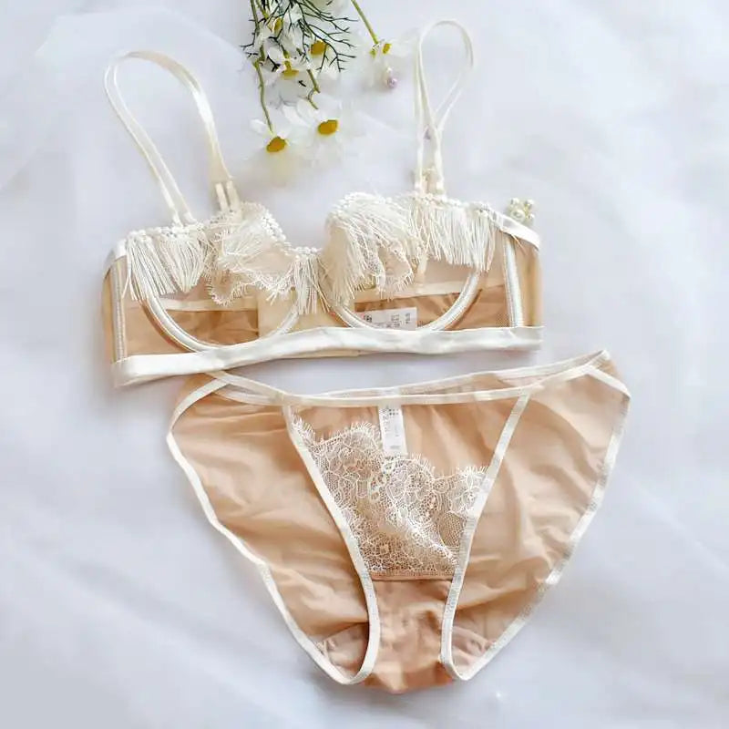 BANERDANNI Light Luxury Sexy French Backless Bra Set - Sheer Mesh Minimizer Bralette Ultra-Thin Lace Lingerie Limited Stock Sale