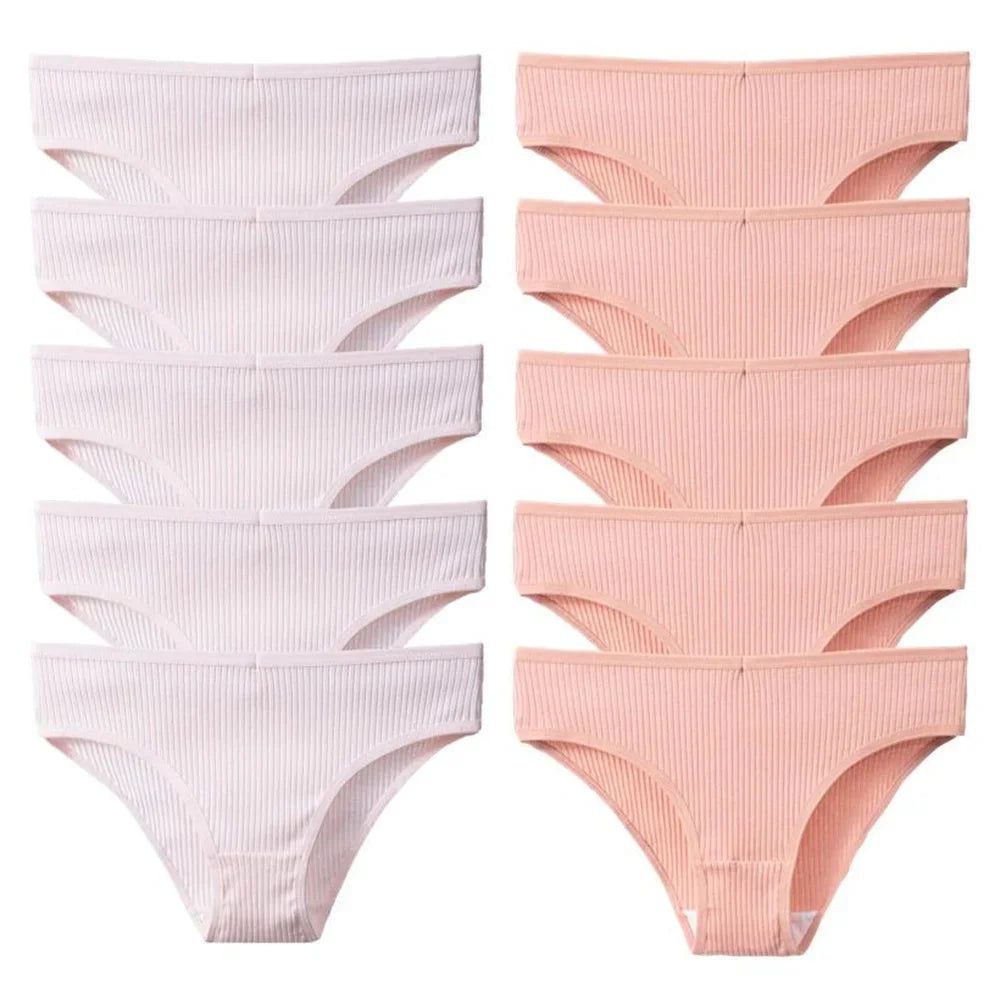 10Pcs/Set Solid Ribbed Seamless Sexy Panties Pure Cotton Breathable Underwear Low Waist Hip-covered Briefs Lingerie Wholesale