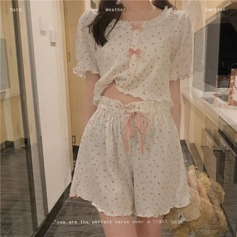 Floral sleepwear women pajama sets teenage girls pijama shorts suit home summer Korean lace bow night wear for sleeping 2 pieces