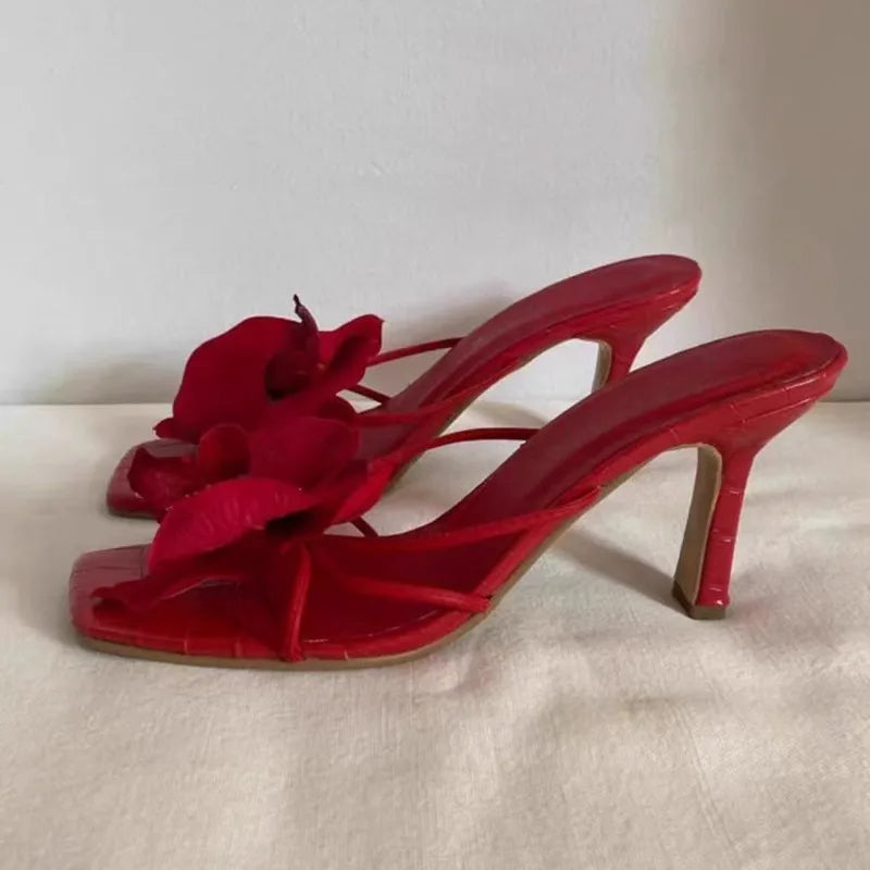 Brand Shoes Female Summer New Style Elegant Flowers Design Women's Slippers Casual Fashionable Outer Wear High Heel Slides Women