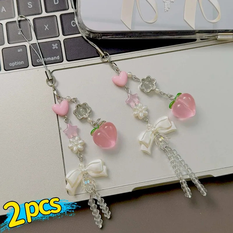 1/2Pcs Y2K Peach Flower Beads Pendant Phone Strap Lanyard Pocket Keychain Strap Backpack Charm Car Key Decoration Chain Keyring