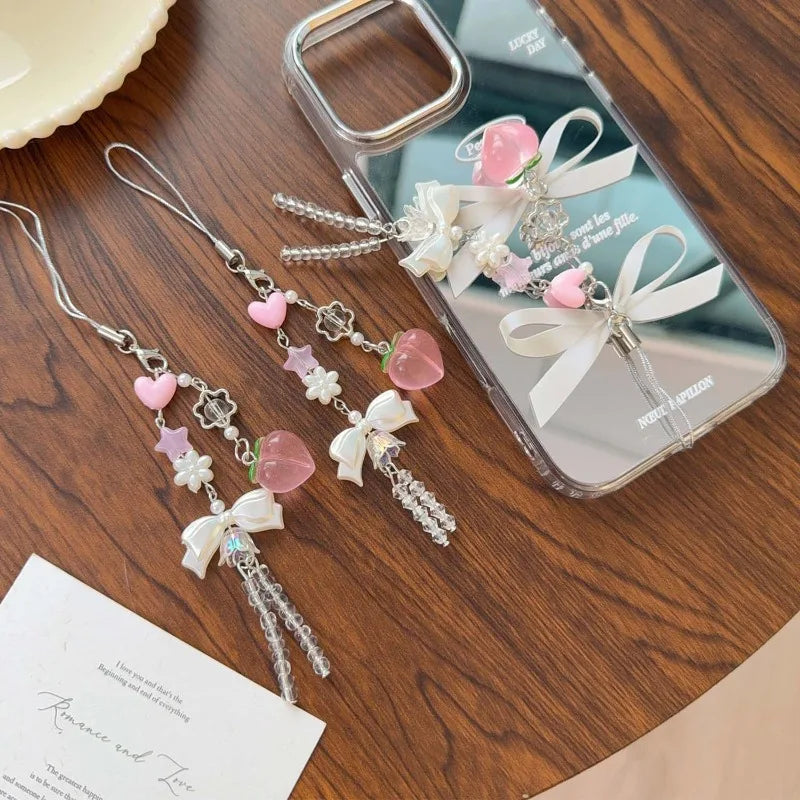 1/2Pcs Y2K Peach Flower Beads Pendant Phone Strap Lanyard Pocket Keychain Strap Backpack Charm Car Key Decoration Chain Keyring