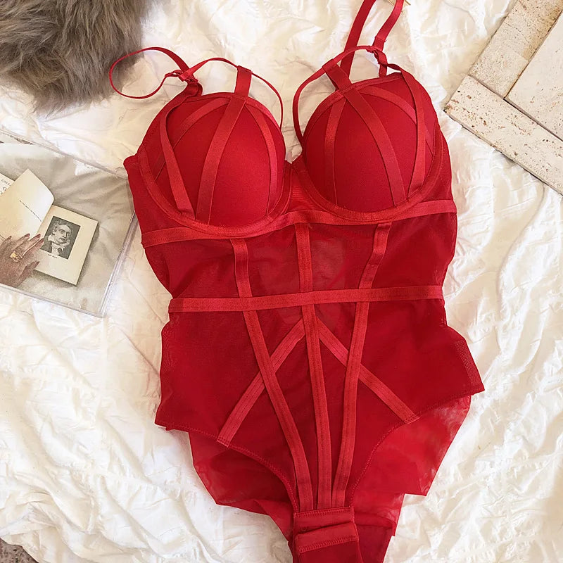 Sexy Bodysuit Women Onesies Lingerie Classic Bandage Lace Push Up Bra Set Summer Mesh Transparent Bodycon Adjustable Strap Bras