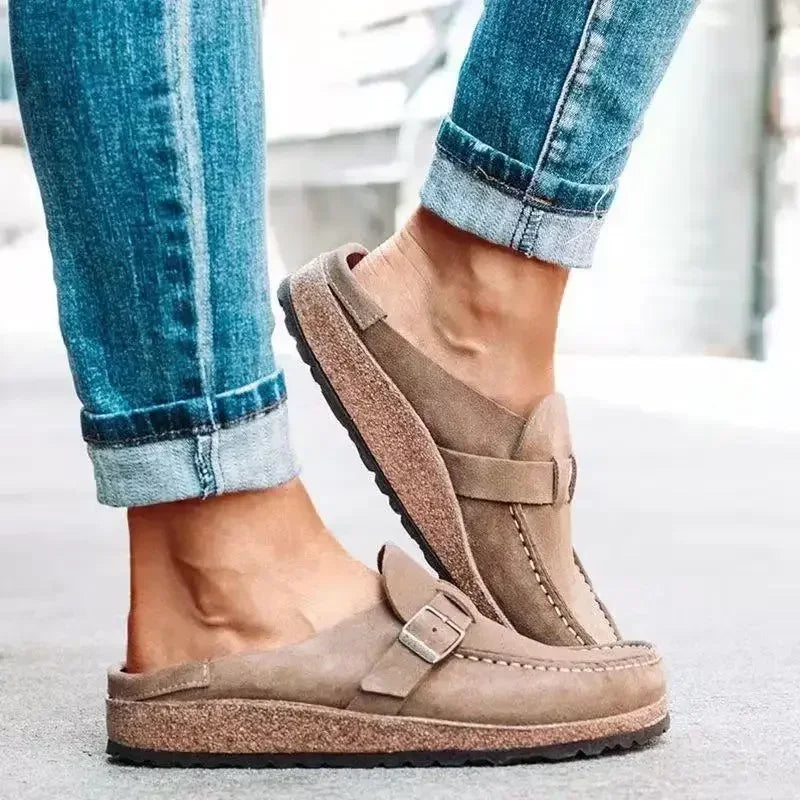 2025 New Women's Shoes Slip on Female Flats Durable Belt Buckles Mules Fashion Wear Resistant Women Half Slippers Retro Zapatos