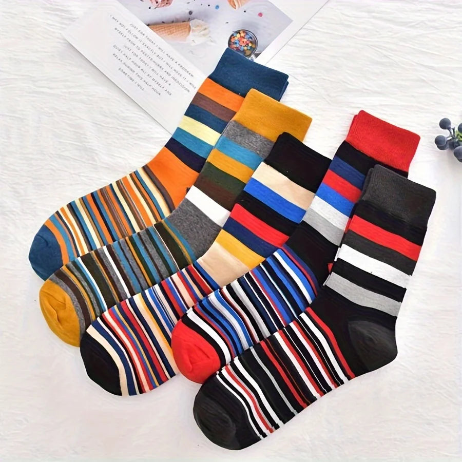 5 Pairs Autumn and Winter New Men's Socks Stripe Contrast Color Fashion Retro Trendy Ins Style Sports Leisure Tube Socks