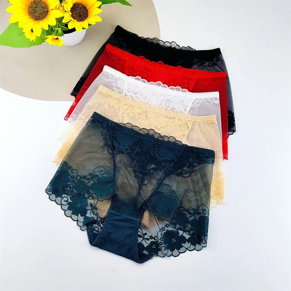 Big Size NEW 2025 Sexy Women Transparent Lace Underwear High Waist Hollow Mesh Ladies Hip Lifting Cotton Crotch Briefs
