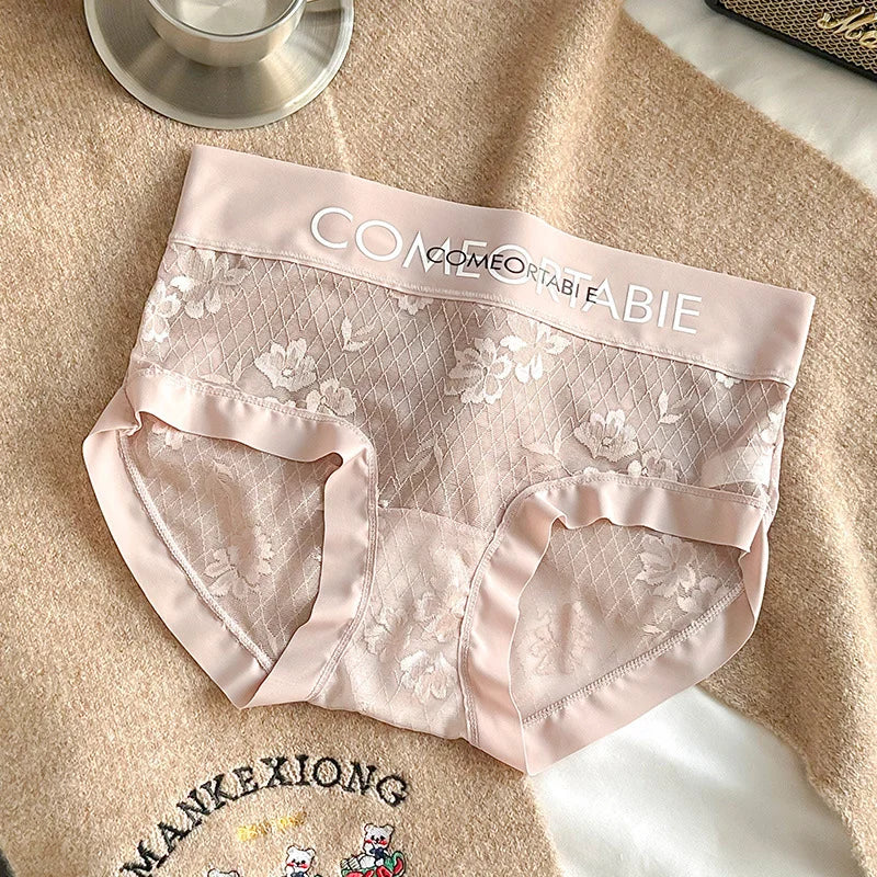 3PCS Women Sexy Lace Panties Mulberry Silk Antibacterial Hollow Out Underwear Plus Size Floral Perspective Briefs
