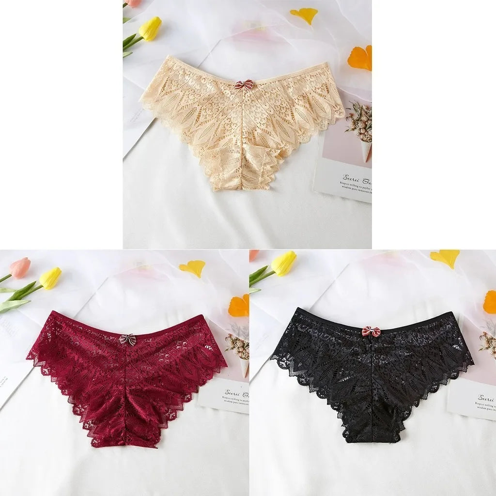 3pcs Women Panties Hollow Out Mid Waist Lace Panties Seamless Tummy Control Cross Sexy Briefs S-XL Underwear