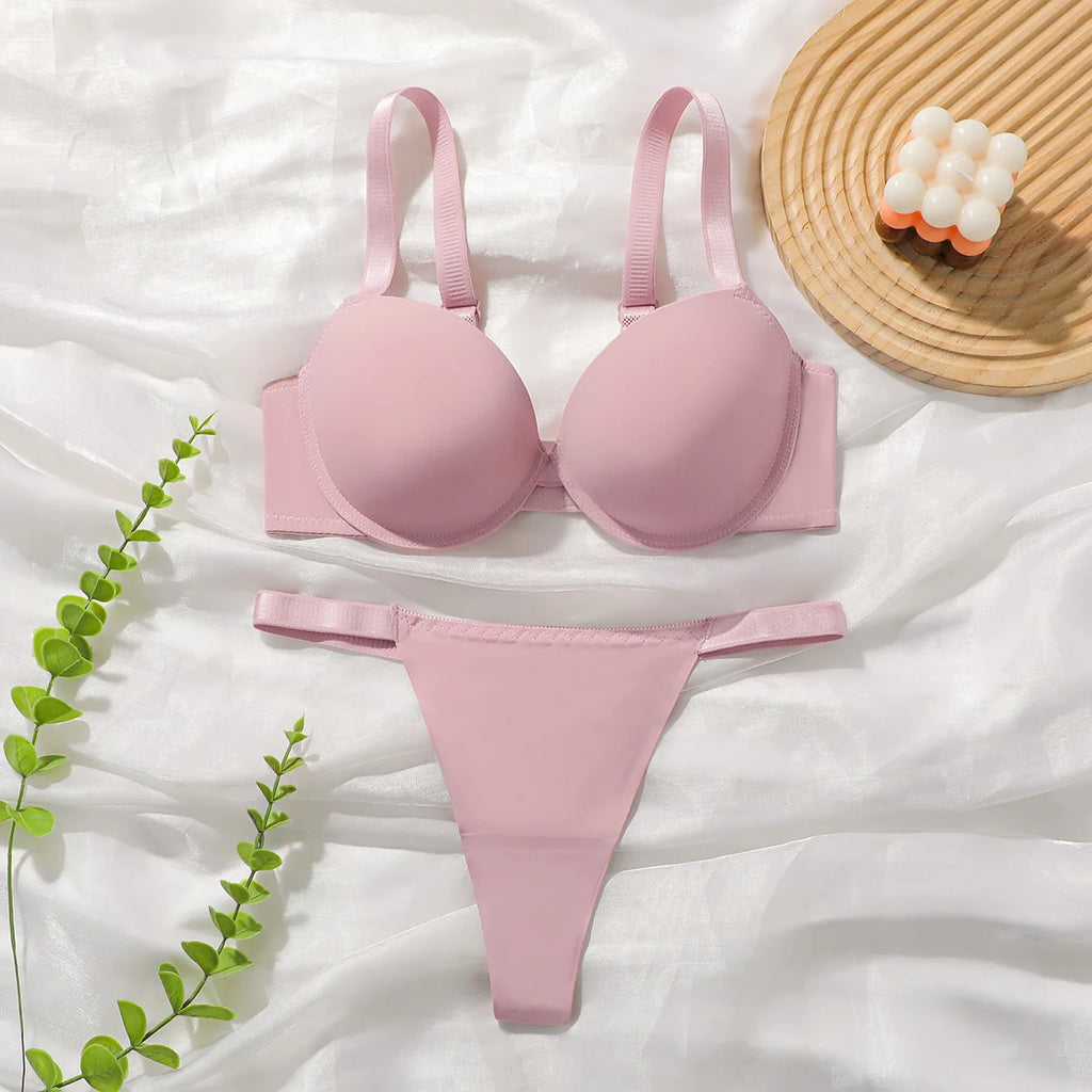 Solid color daily thick pad with steel support bra set small chest display large women's underwear push up bra B2051