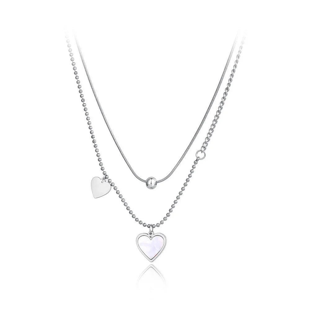 Lokaer Double Layer Trendy Shell Heart Pendant Necklaces For Women Girls Stainless Steel CZ Crystal Chain Choker Necklace N21257