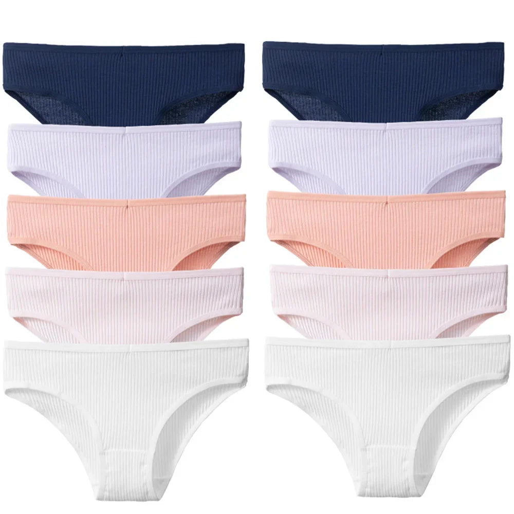 10Pcs/Set Solid Ribbed Seamless Sexy Panties Pure Cotton Breathable Underwear Low Waist Hip-covered Briefs Lingerie Wholesale