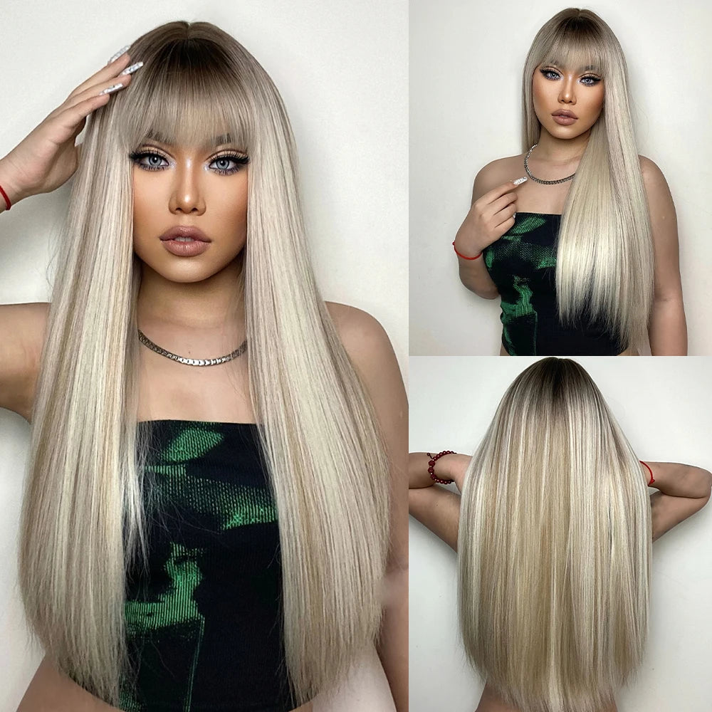 ALAN EATON Cosplay Silver Gray Synthetic Wig for Women Natural Long Silk Straight Wigs With Bangs for Women Girl Heat Resistant