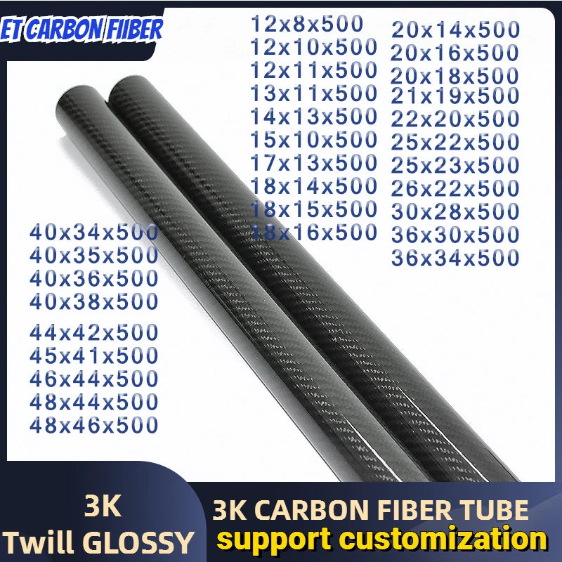 1 pc Lengh 500mm Twill Glossy 3K Carbon Fiber Tube OD12~48mm Roll Wrapped Pipe /Pole