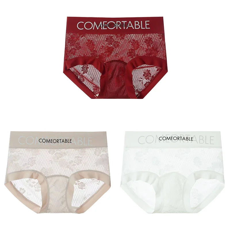 3PCS Women Sexy Lace Panties Mulberry Silk Antibacterial Hollow Out Underwear Plus Size Floral Perspective Briefs