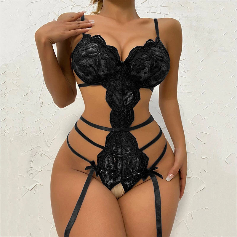 2022 Sexy Three Piece Suit Lace Shapewear Perspective Porn Suit Halterneck Embroidered Push Up Bra Garter Teddy Lingerie Hot Set