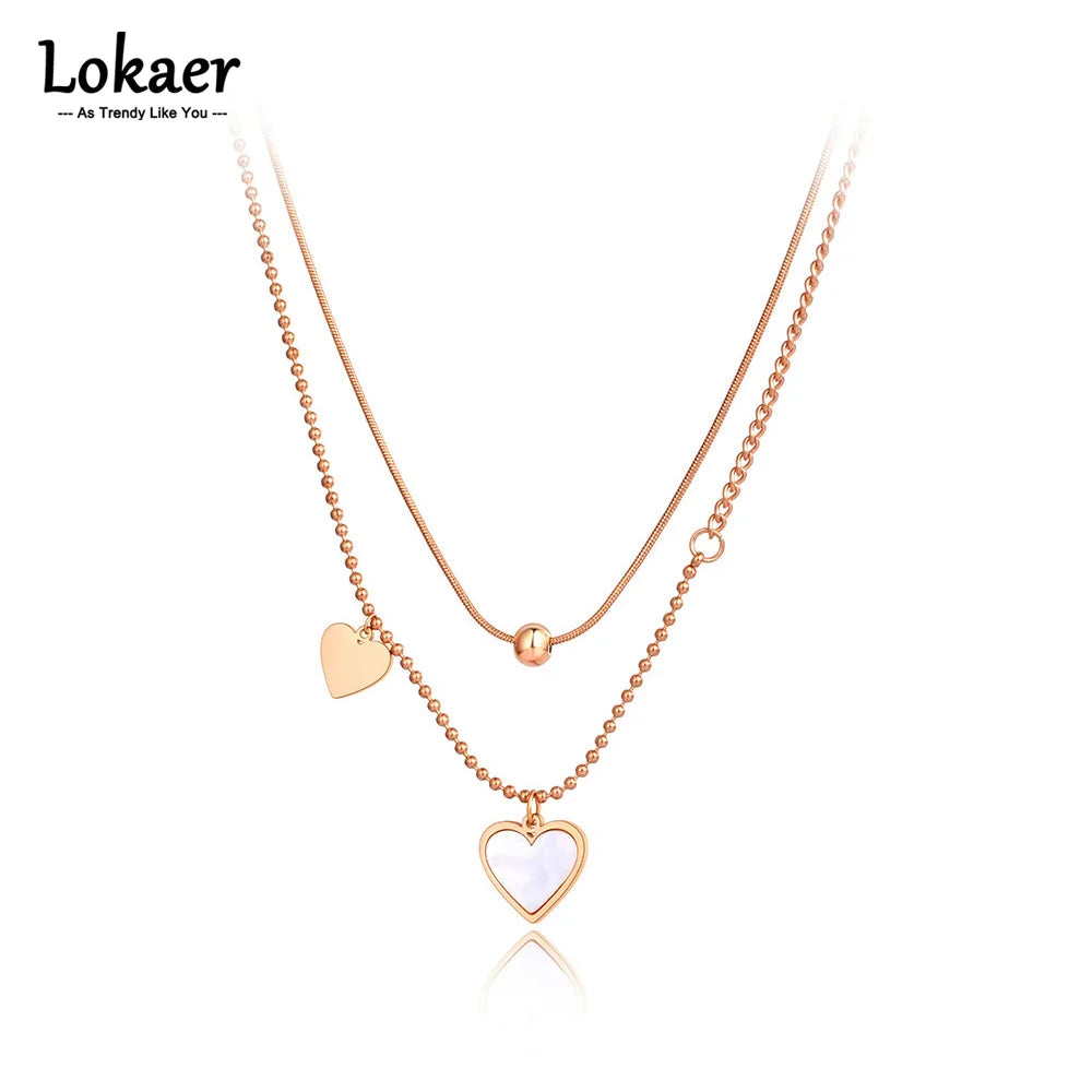 Lokaer Double Layer Trendy Shell Heart Pendant Necklaces For Women Girls Stainless Steel CZ Crystal Chain Choker Necklace N21257