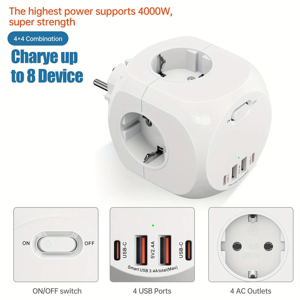 4000W EU Plug Power Strip Cube with 4 Outlets 4 USB Ports European Multiple socket adapter Wall charge ON/OFF Switch for home