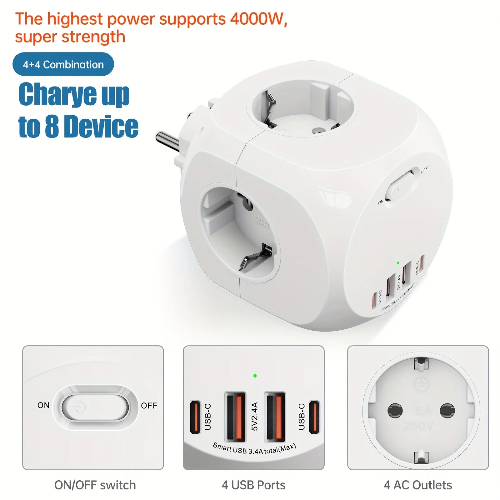 4000W EU Plug Power Strip Cube with 4 Outlets 4 USB Ports European Multiple socket adapter Wall charge ON/OFF Switch for home