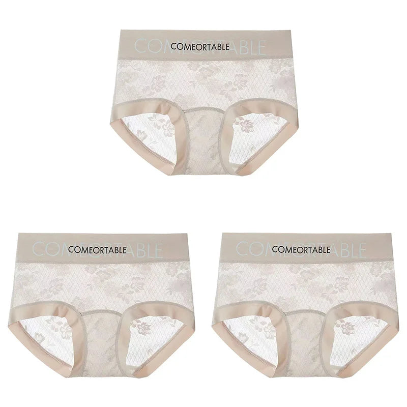 3PCS Women Sexy Lace Panties Mulberry Silk Antibacterial Hollow Out Underwear Plus Size Floral Perspective Briefs