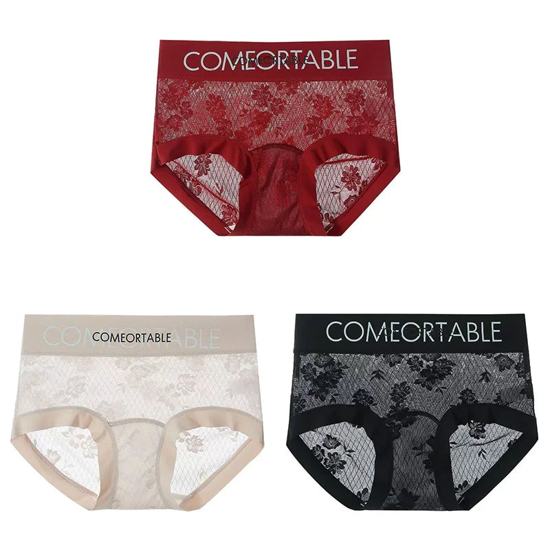 3PCS Women Sexy Lace Panties Mulberry Silk Antibacterial Hollow Out Underwear Plus Size Floral Perspective Briefs