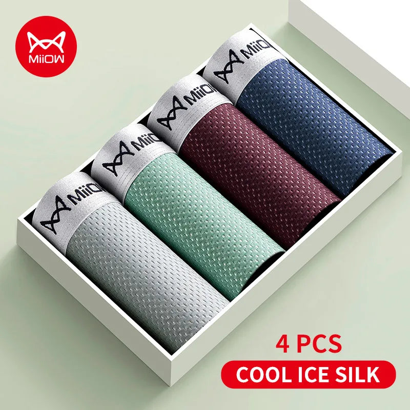 MiiOW 4Pcs Ice Silk Men Underwear Boxer 7A Cotton Antibacterial Crotch Men's Panties Breathable Mesh Summer Man Underpants Boxer