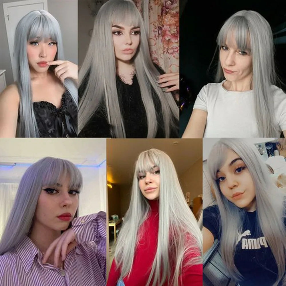 ALAN EATON Cosplay Silver Gray Synthetic Wig for Women Natural Long Silk Straight Wigs With Bangs for Women Girl Heat Resistant