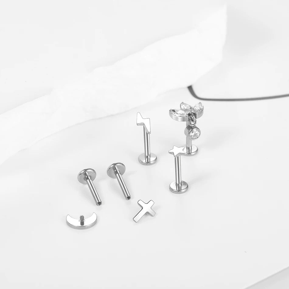1PC G23 Titanium Star Moon Cross Stud Earring for Women Lip Rings Labret Piercing Ear Tragus Helix Piercings Body Jewelry