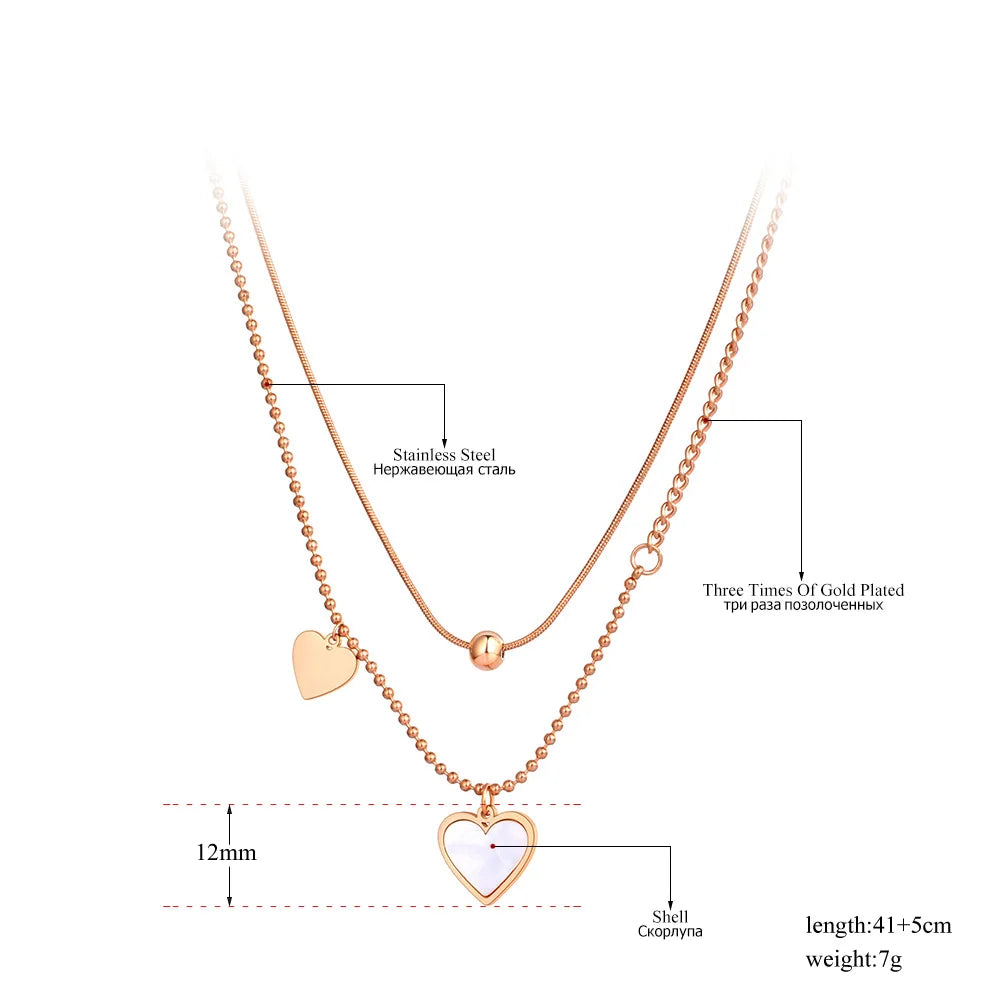 Lokaer Double Layer Trendy Shell Heart Pendant Necklaces For Women Girls Stainless Steel CZ Crystal Chain Choker Necklace N21257