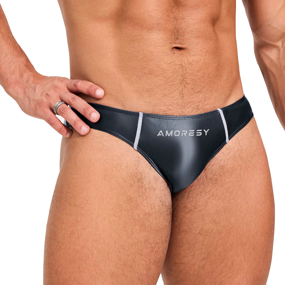 AMORESY Men Spandex Swimming Trunks Matching Color, Low Waist Sexy Sports Long Tight Oily, Comfortable Silk Briefs, Briefs