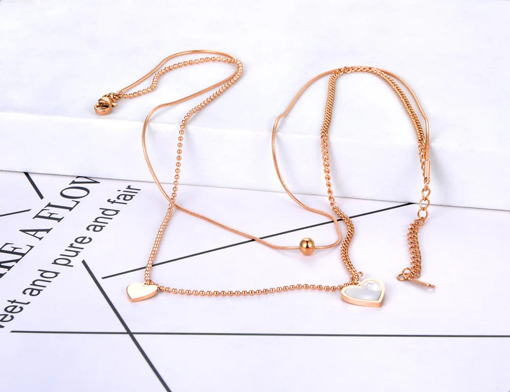 Lokaer Double Layer Trendy Shell Heart Pendant Necklaces For Women Girls Stainless Steel CZ Crystal Chain Choker Necklace N21257