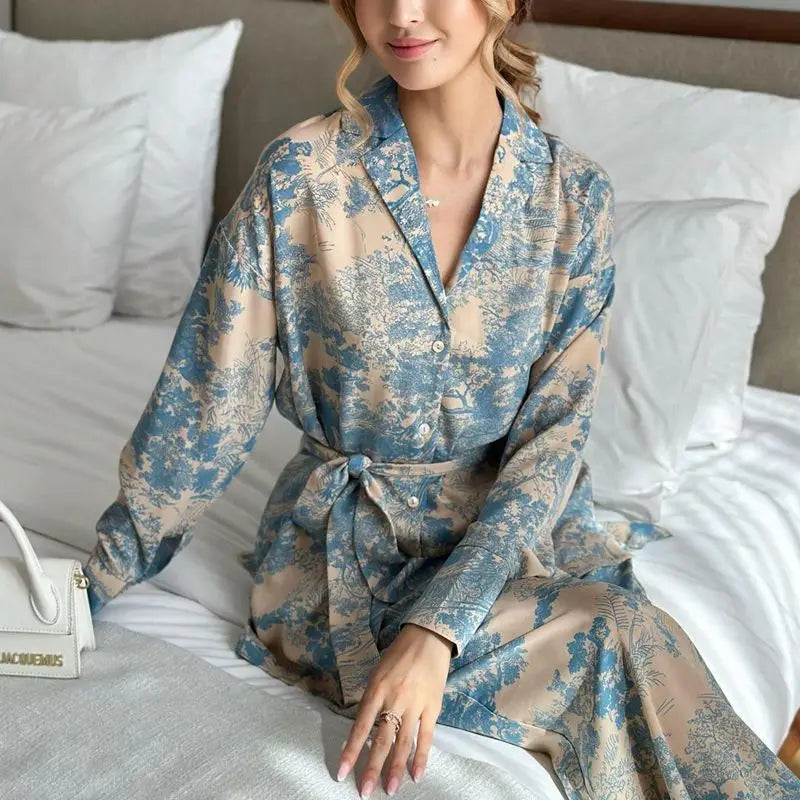Hot Selling New Fashionable Sleepwear French Printed Long Sleeved Blue Graffiti Two-Piece Pajamas High Waisted Women's Pajamas