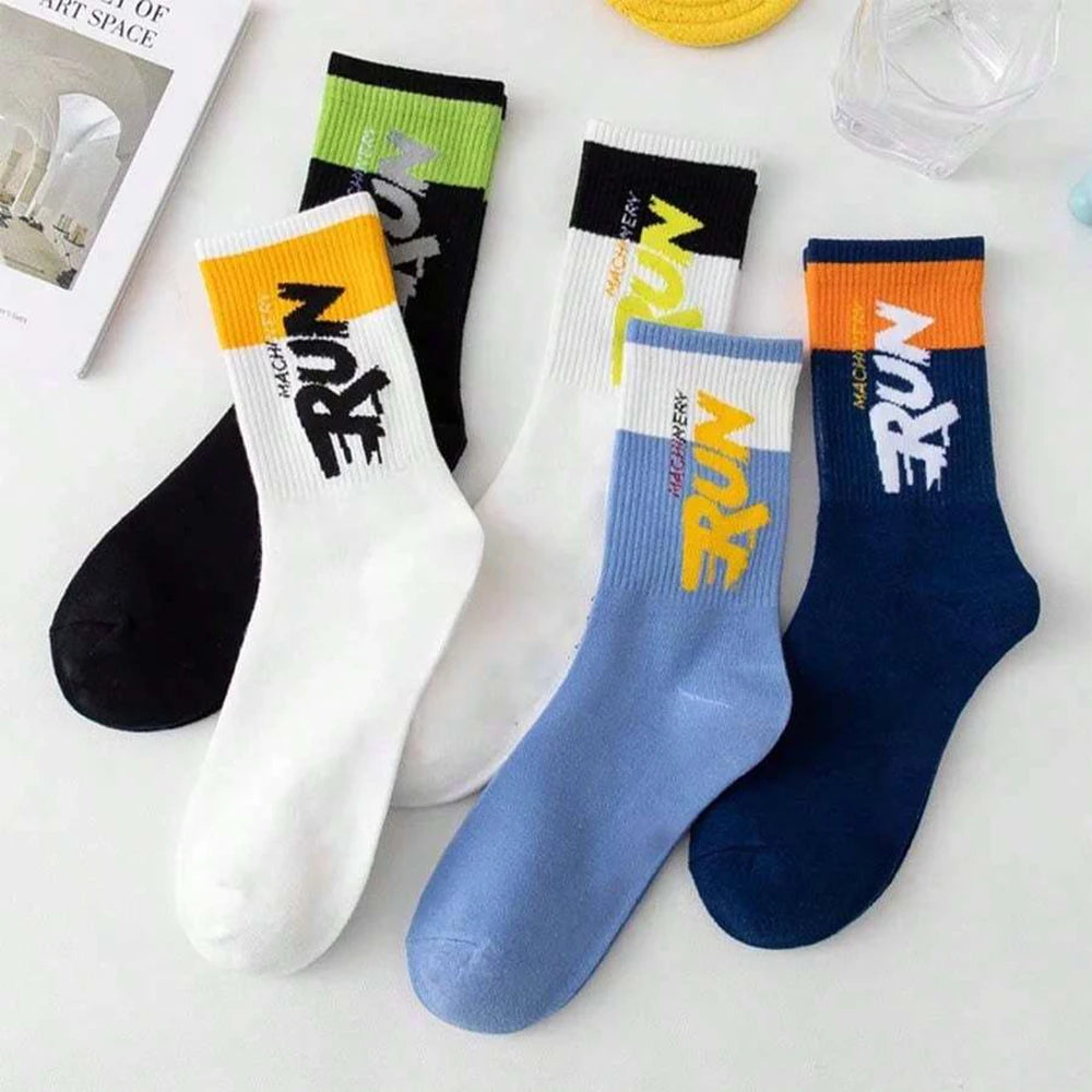 5/10/20 Pairs Men Color Blocked Round Neck Mid Tube Socks Sweat Wicking Breathable All Season Basketball Sports Casual Socks