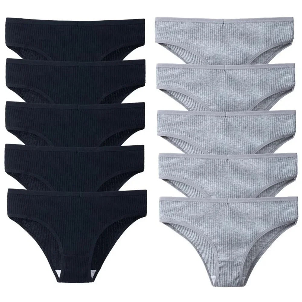 10Pcs/Set Solid Ribbed Seamless Sexy Panties Pure Cotton Breathable Underwear Low Waist Hip-covered Briefs Lingerie Wholesale