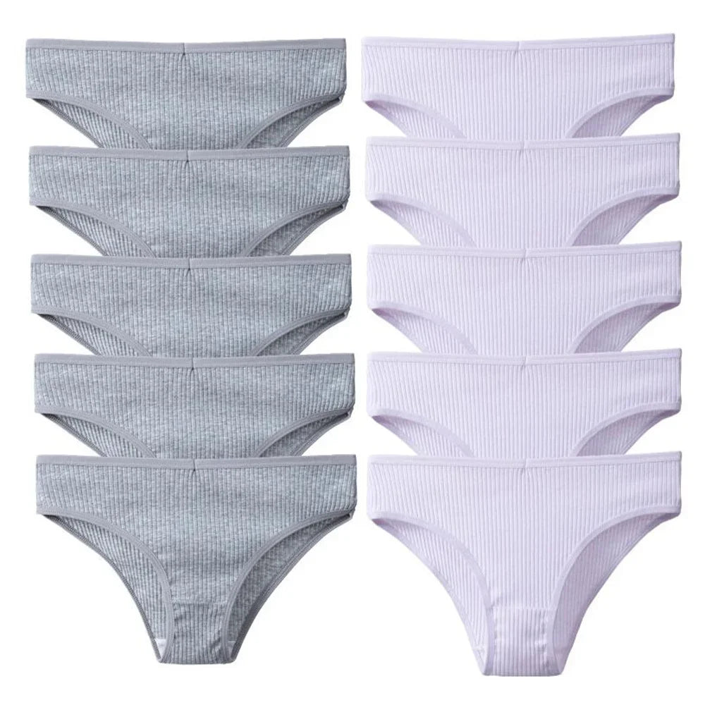 10Pcs/Set Solid Ribbed Seamless Sexy Panties Pure Cotton Breathable Underwear Low Waist Hip-covered Briefs Lingerie Wholesale