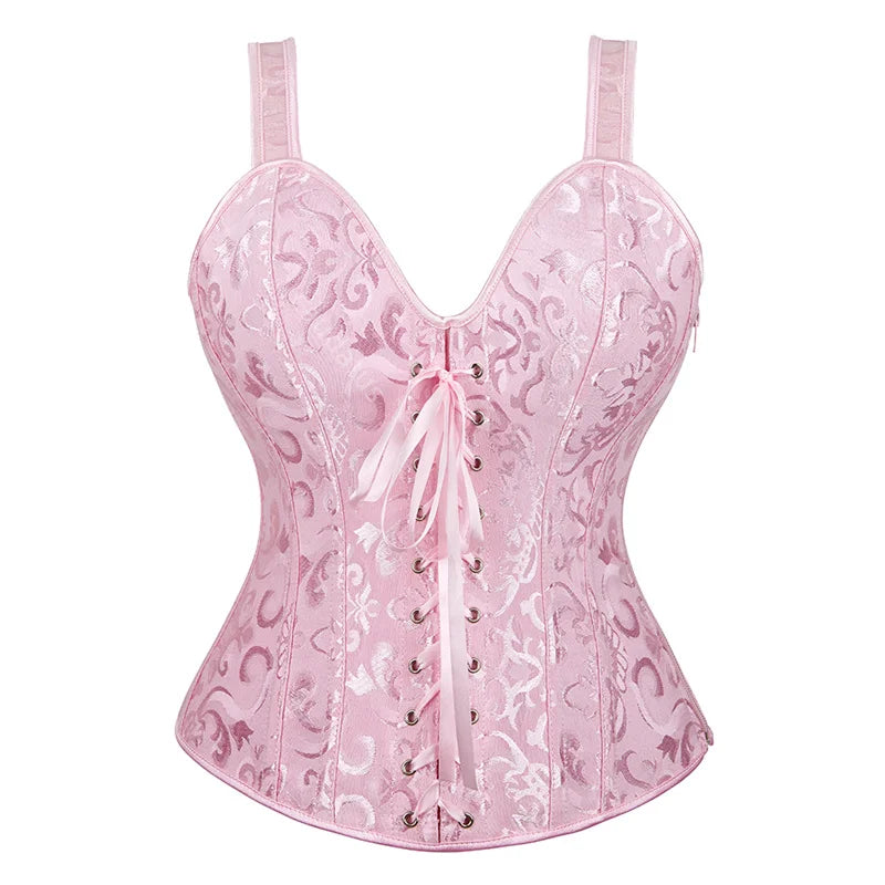 Pink Corset for Women Shoulder Strap Sexy Bustier Top Vest Zipper Lingerie Plus Size Gothic Victorian Burlesque Halloween Black