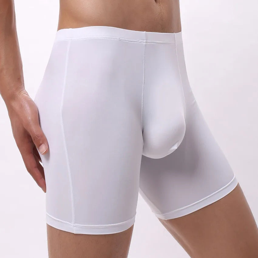 EUR Size Sexy Underwear Men Boxers Shorts Solid Panties Man Ice Silk U Pouch Long Leg Underpants Cueca Calzoncillos Sportswear