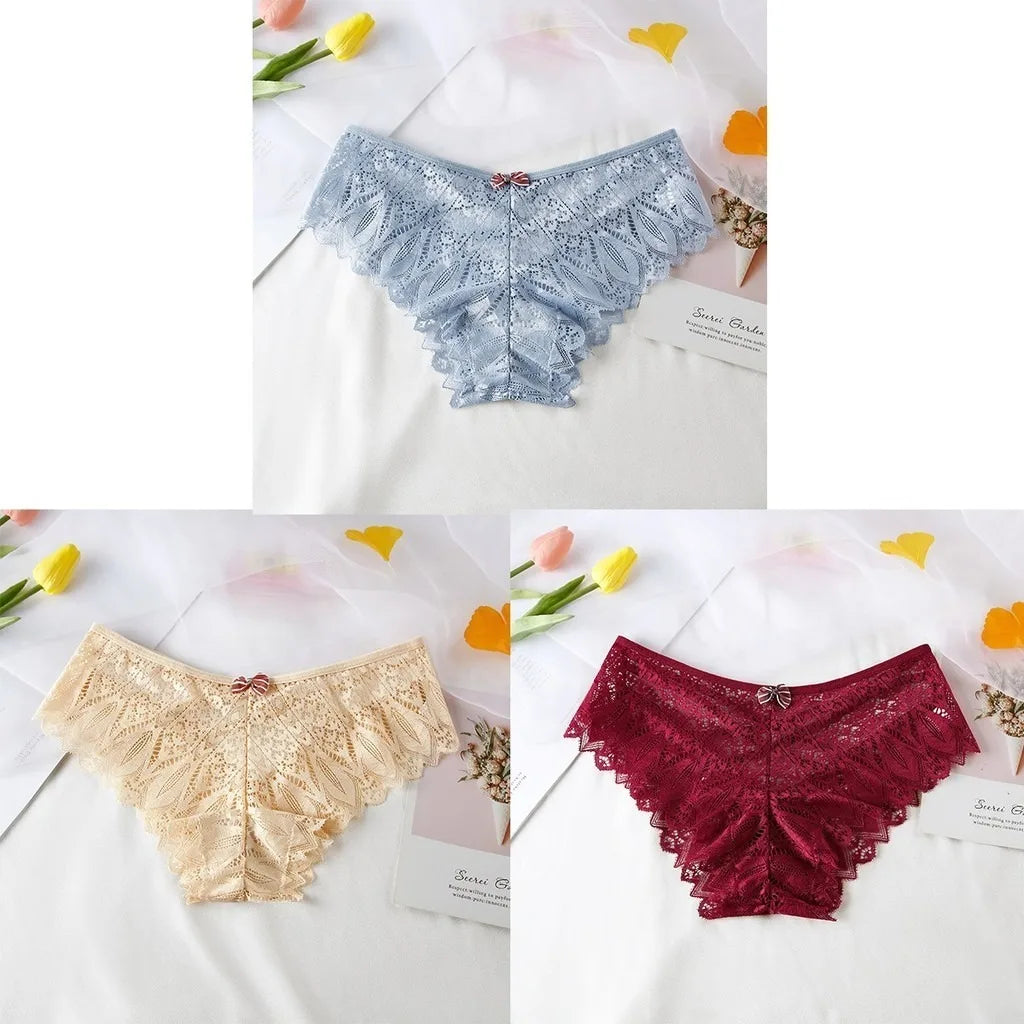 3pcs Women Panties Hollow Out Mid Waist Lace Panties Seamless Tummy Control Cross Sexy Briefs S-XL Underwear