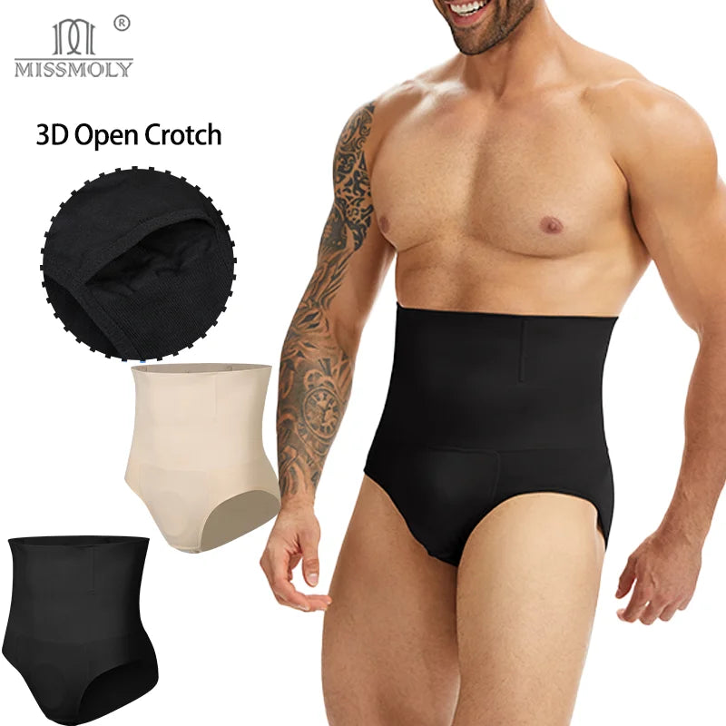 Miss Moly Men's High Waist Shapewear Short Double Layer Tummy Control Slimming Brief Non-slip Breathable 3D Pouch Butt Lifter
