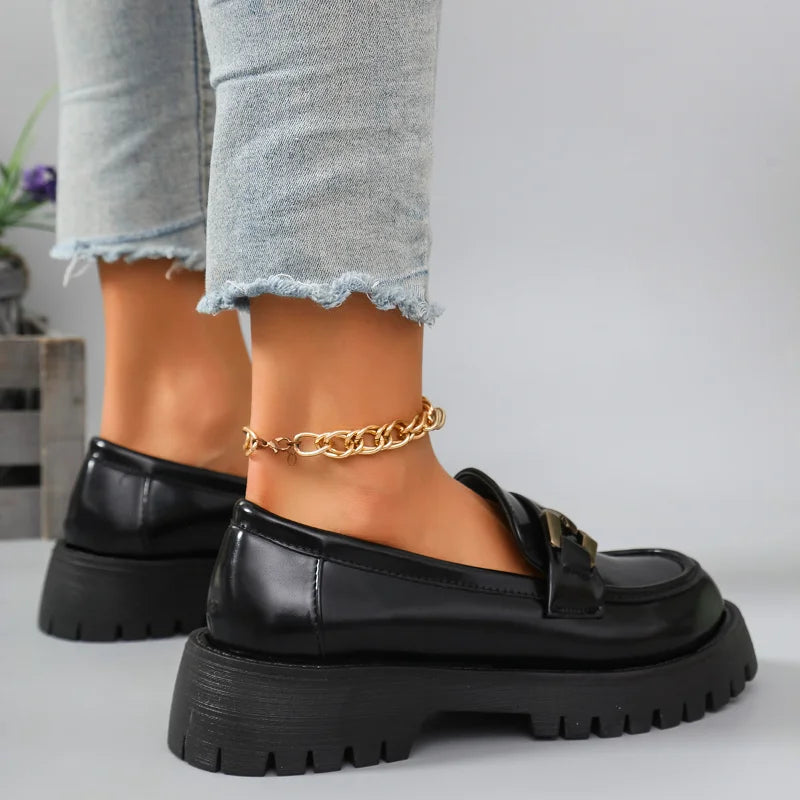 2026 Female Shoes Women Fashion Mary Janes Round Toe Flats Loafers Oxfords Platform Casual Metal Chain Buckle Ladies Heels Black