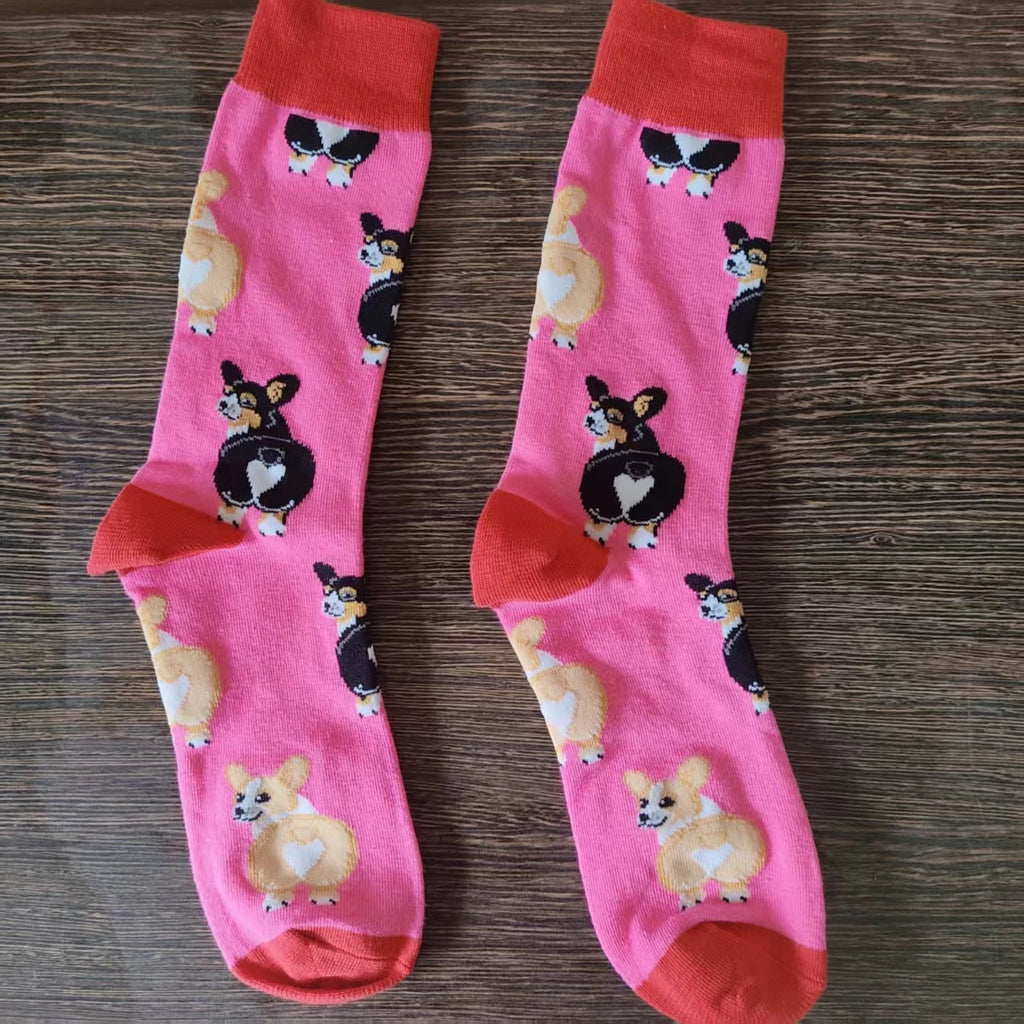 Funny Dog Pattern Cotton Men Crew Sock Corgi Pug Lover Gift Men Husband Cute Street Socks Novelty Funky Pink Blue Red Birthday