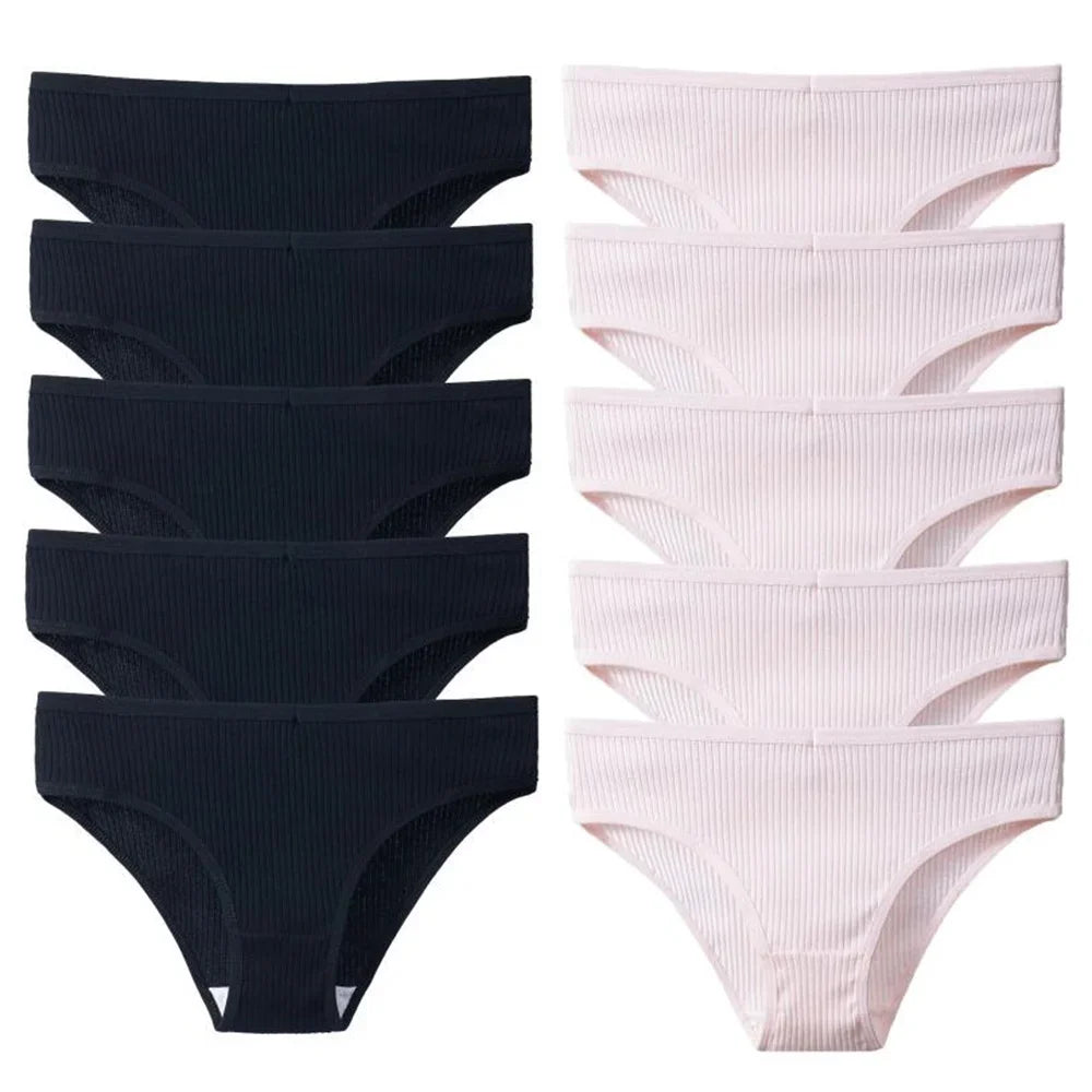 10Pcs/Set Solid Ribbed Seamless Sexy Panties Pure Cotton Breathable Underwear Low Waist Hip-covered Briefs Lingerie Wholesale
