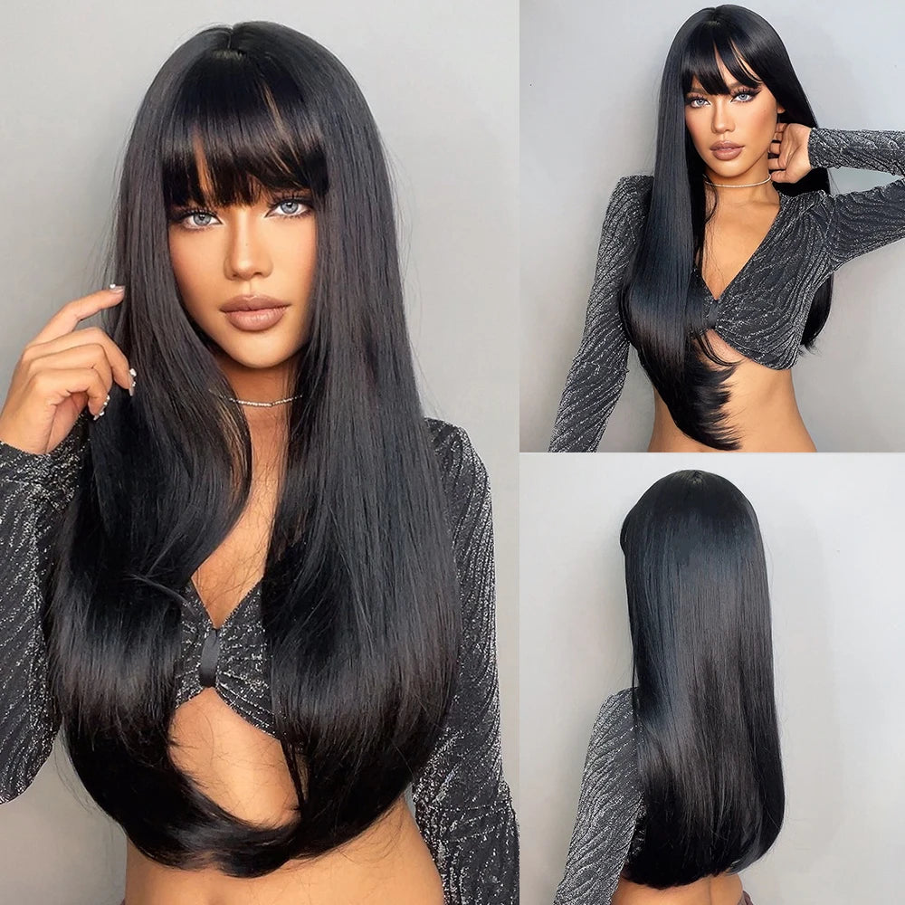 ALAN EATON Cosplay Silver Gray Synthetic Wig for Women Natural Long Silk Straight Wigs With Bangs for Women Girl Heat Resistant