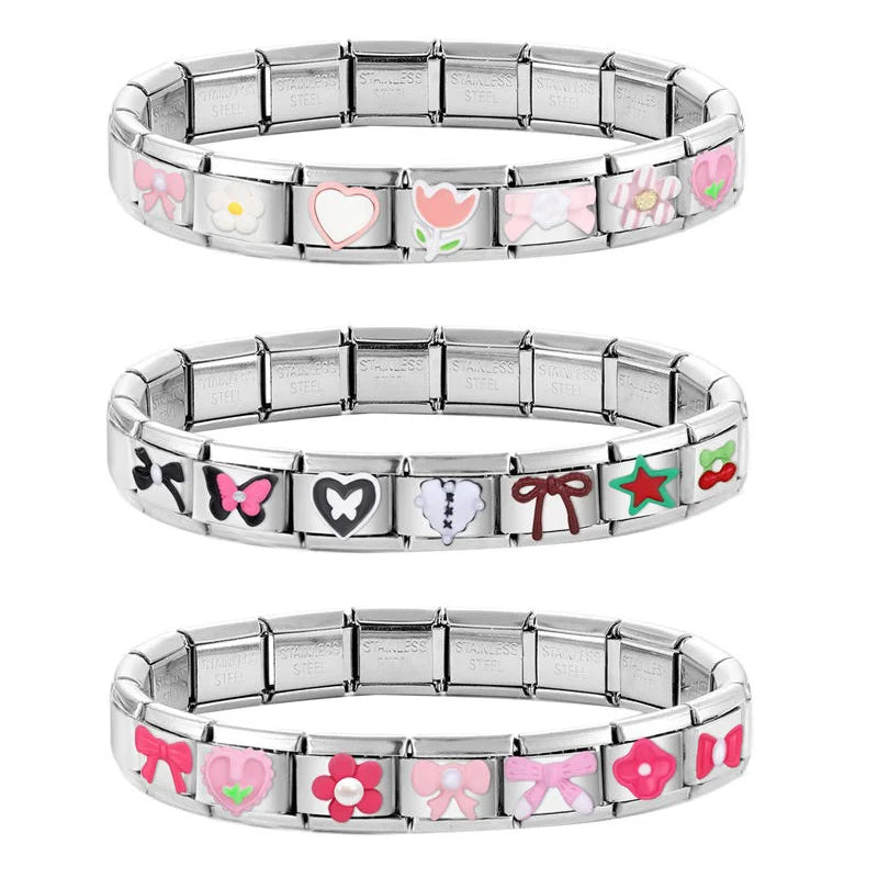 2025 Wholesale 3D Colorful Bows Flowers Love Heart Italian Charm Link fit 9mm Stainless Steel Jewelry DIY Making Bracelets Gifts