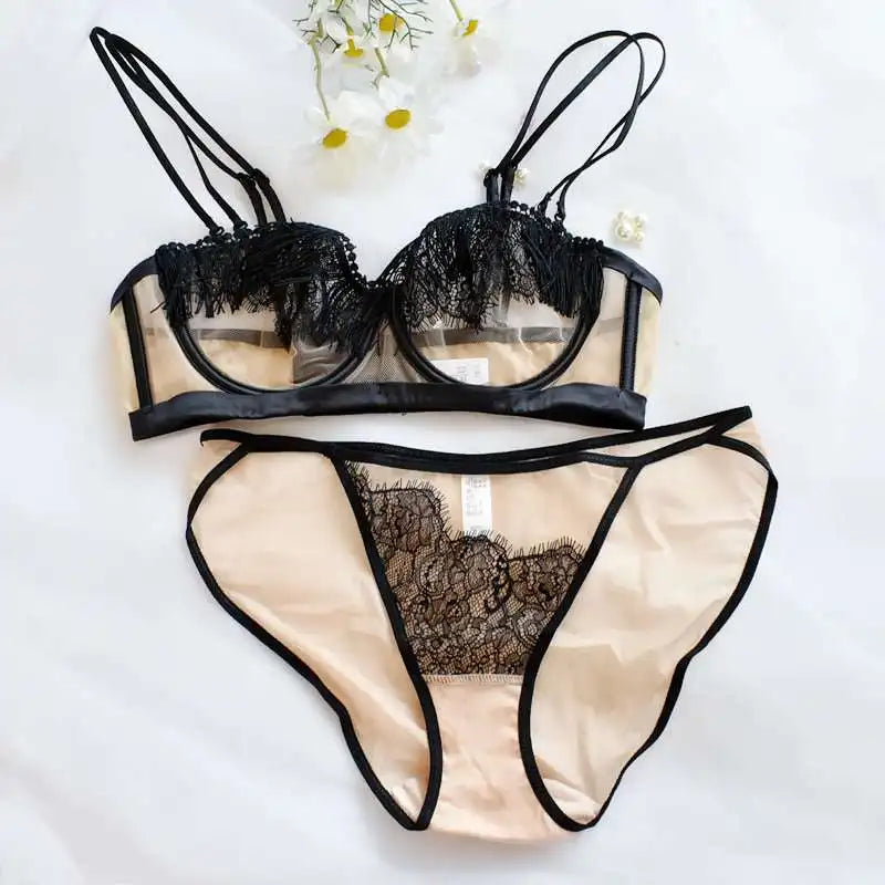BANERDANNI Light Luxury Sexy French Backless Bra Set - Sheer Mesh Minimizer Bralette Ultra-Thin Lace Lingerie Limited Stock Sale