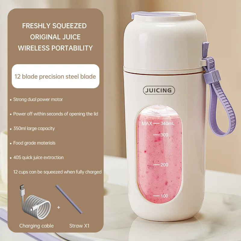 Portable Electric Juicer Cup 350mL for Smoothies Shaved Ice Juices12 Blade Stainless Steel Blender with Wireless Charging