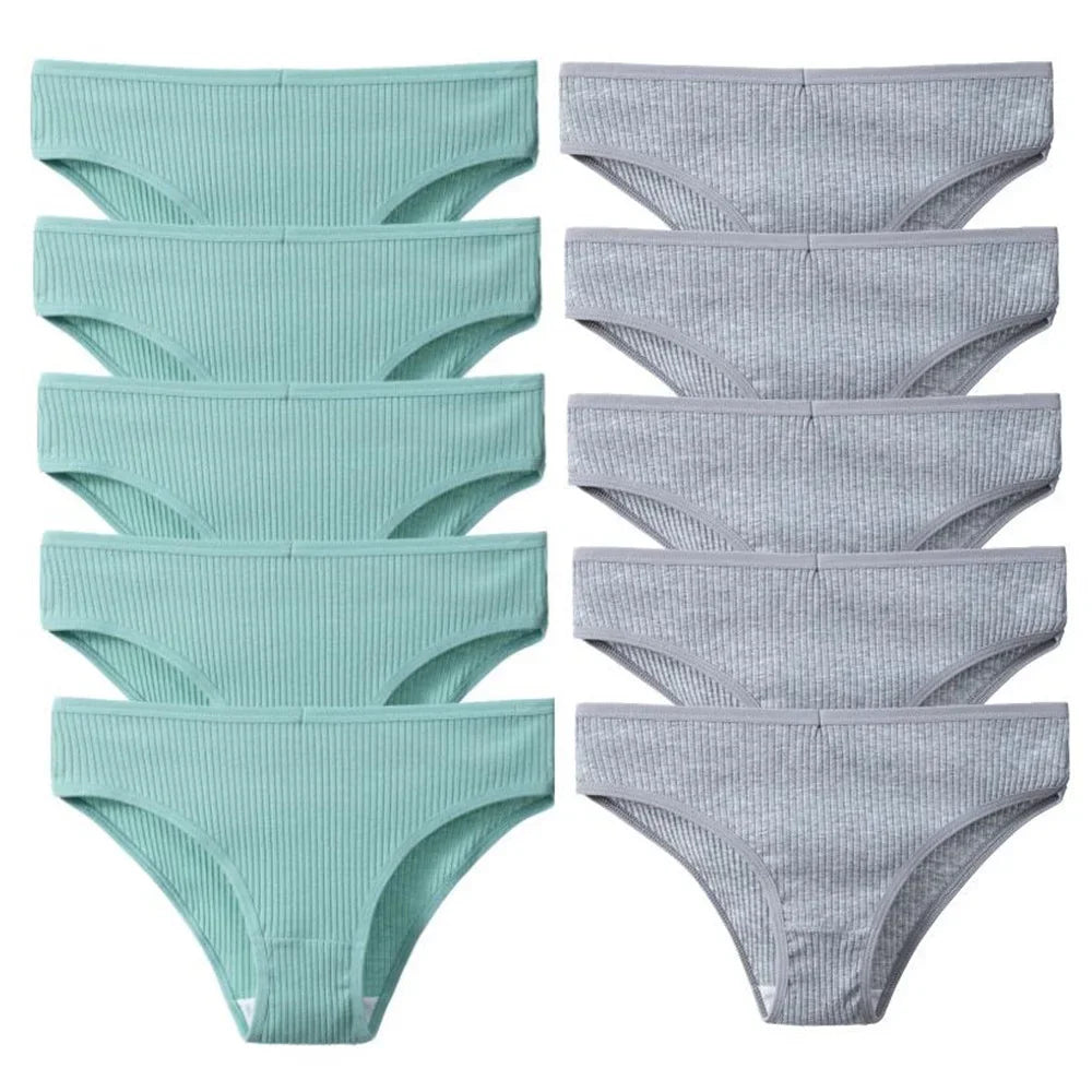 10Pcs/Set Solid Ribbed Seamless Sexy Panties Pure Cotton Breathable Underwear Low Waist Hip-covered Briefs Lingerie Wholesale