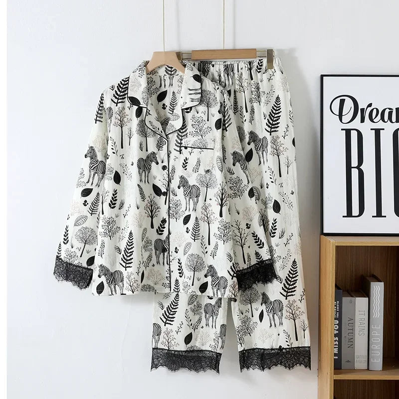 High Quality Cotton Elegant Pajamas Clothes for Women's Sleepwear Spring and Autumn Thin Style Long Sleeved Loose Home Clothes