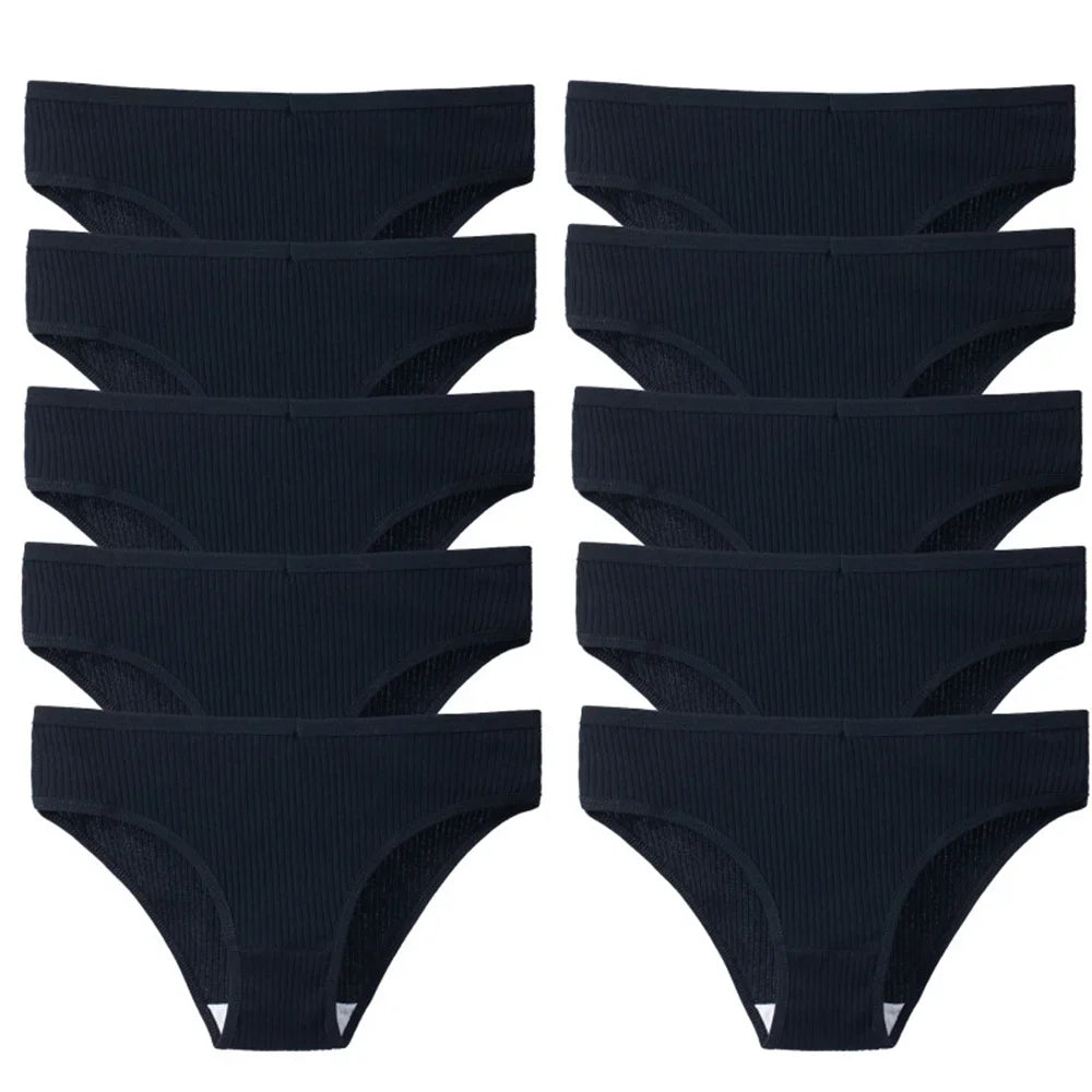 10Pcs/Set Solid Ribbed Seamless Sexy Panties Pure Cotton Breathable Underwear Low Waist Hip-covered Briefs Lingerie Wholesale